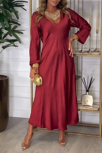 Women's V-neck Long-sleeved Satin Dress Dress Maxi Dress