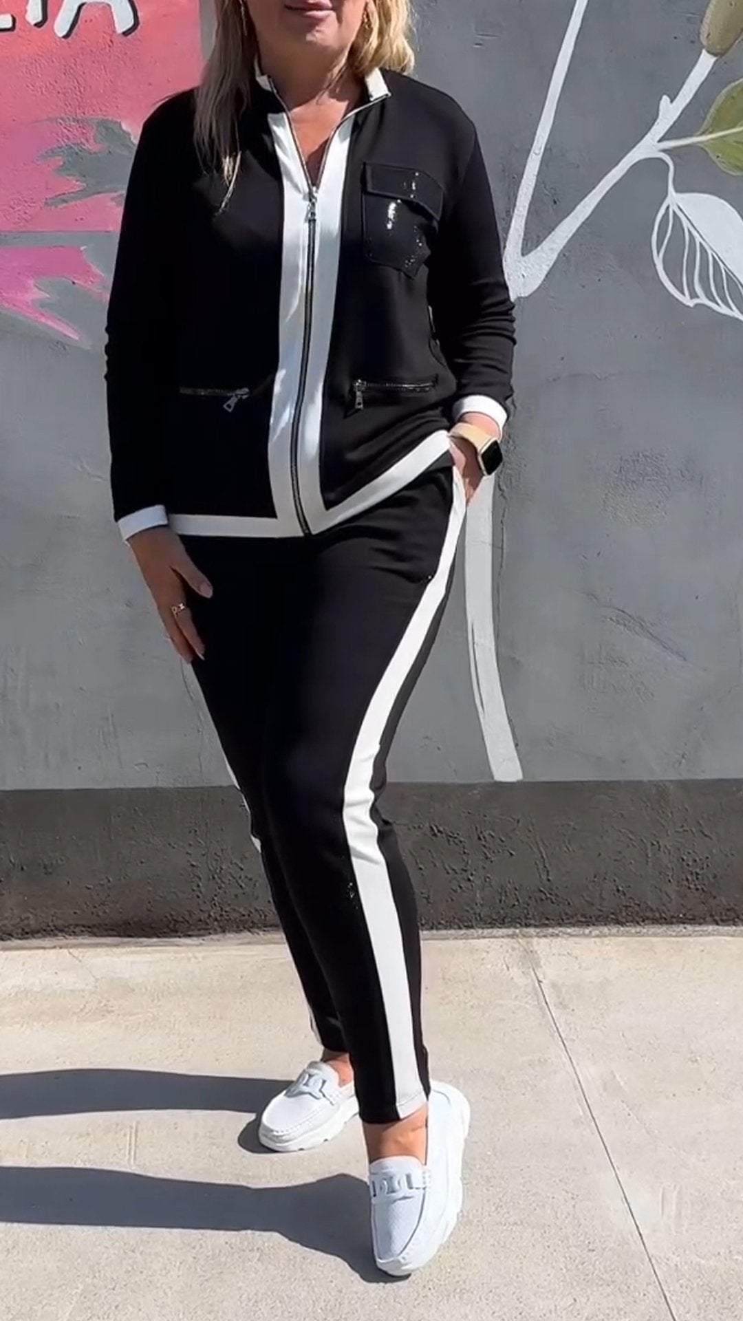 Women's Zipper Long Sleeve Striped Patchwork Casual Suit Suit