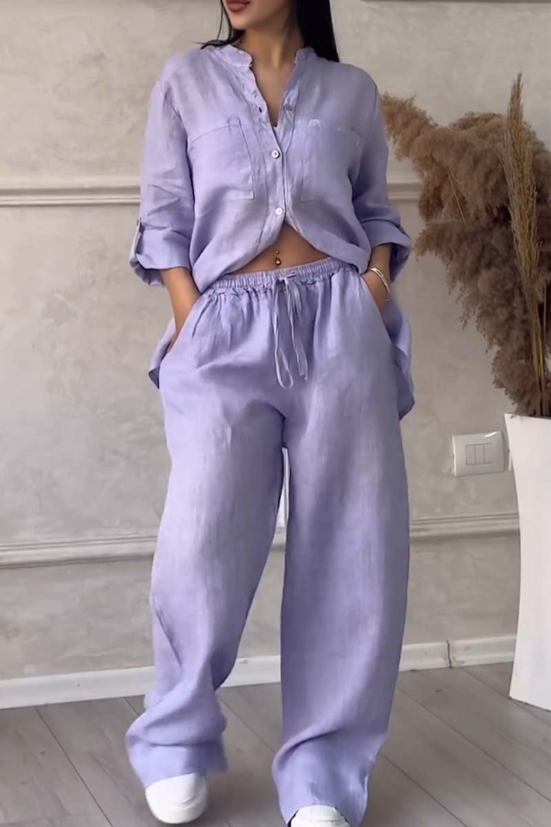 Casual solid color cotton and linen pants two-piece set Cotton and Linen suit