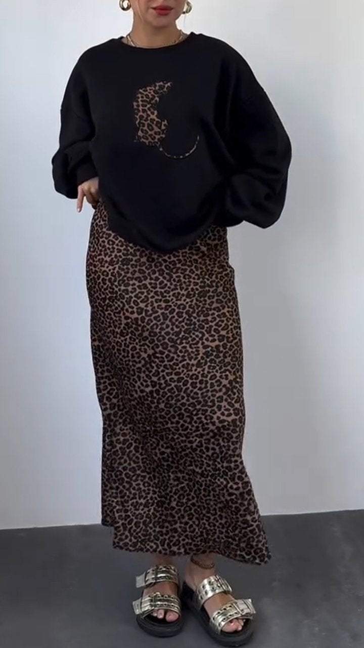 Women's Round Neck Long Sleeve Leopard Print Sweater Dress Suit sets Skirt sets Two piece sets