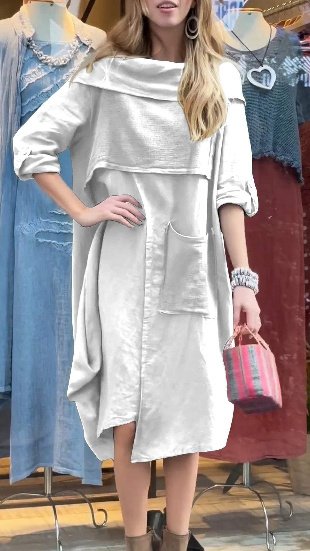 Women's Cotton and Linen Dress with Hem Collar and Mid-length Sleeves dress