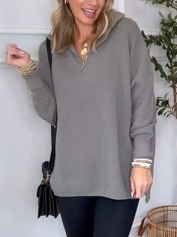 Women's Casual V-neck Half-zip Long-sleeved Top Cotton Top