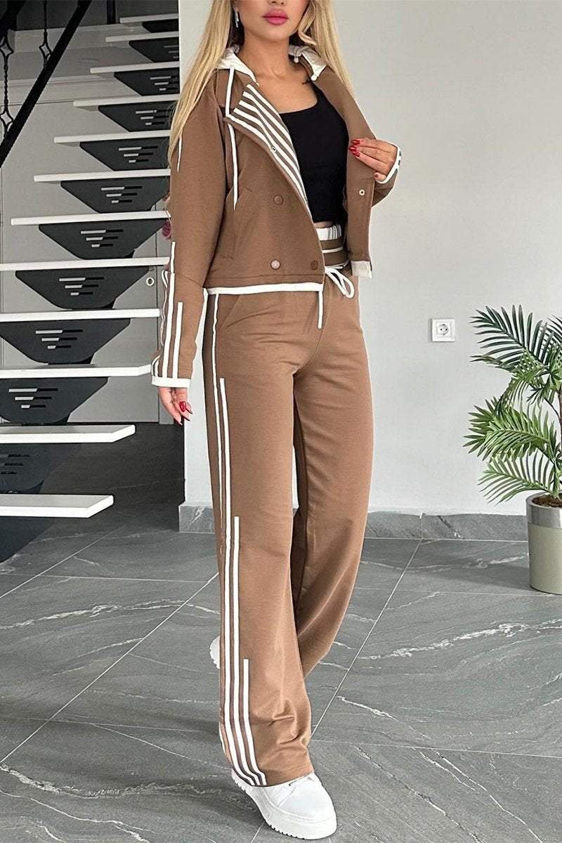 Women's Contrast Web Hooded Pants Suit Sets Two piece sets