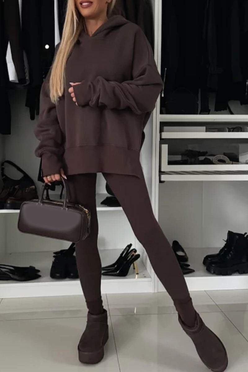 Women's Fall/winter Solid Color Crew-neck Side Slit Hoodie Set Pant sets Sets Two piece sets