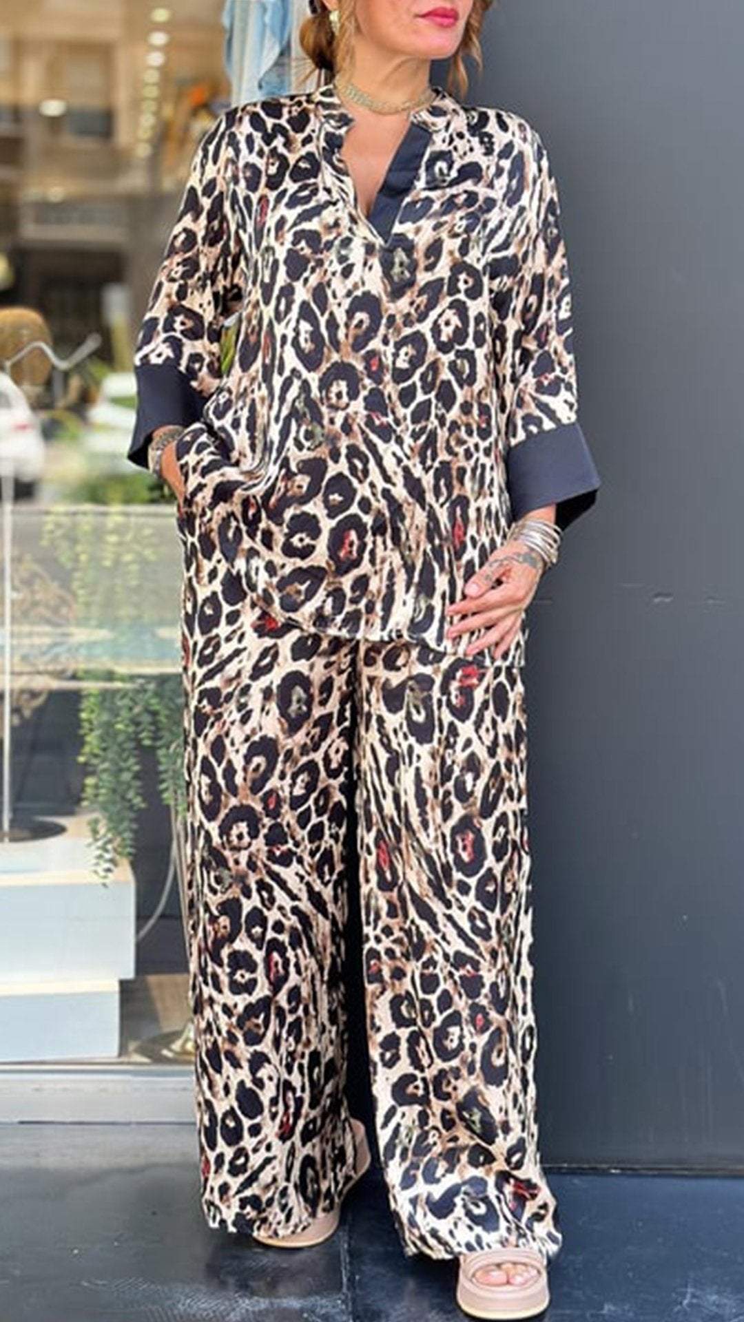 Women's Lapel Mid Sleeve Leopard Print Casual Suit Suit