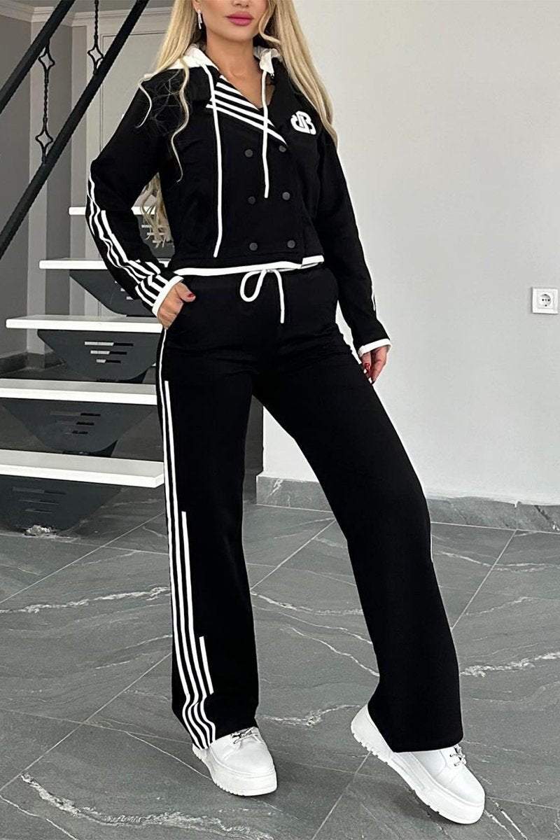 Women's Contrast Web Hooded Pants Suit Sets Two piece sets