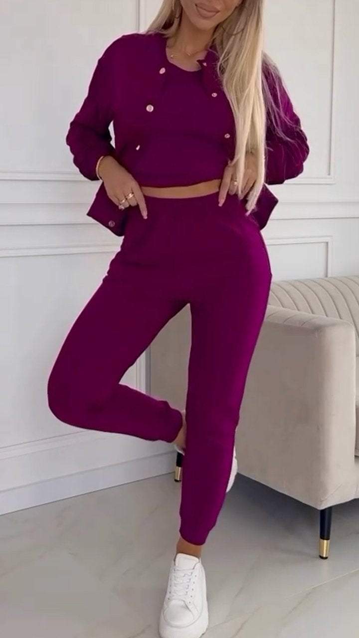 Women's Round Neck Long Sleeve Casual Sports 3-piece Suit Suit