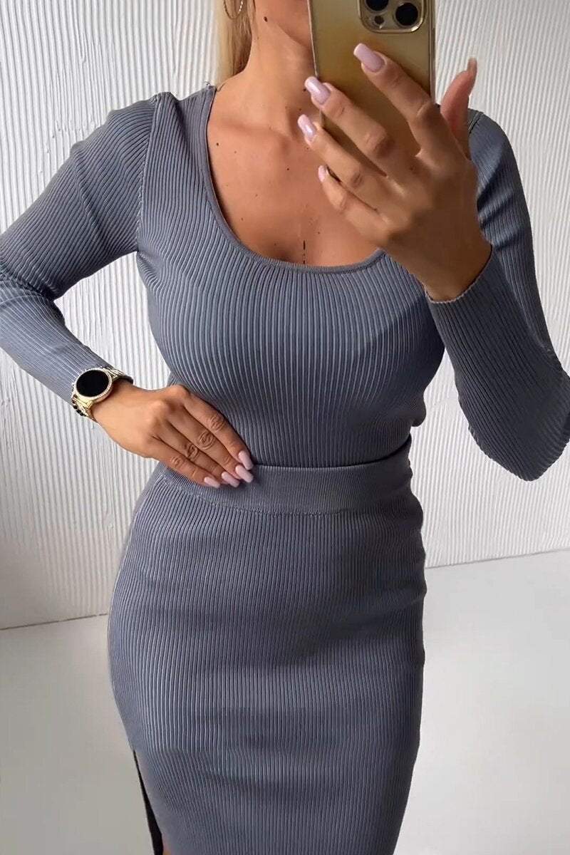 Women's Round Neck Long Sleeve Ribbed Slit Slim Fit Dress Suit Dress Midi Dress