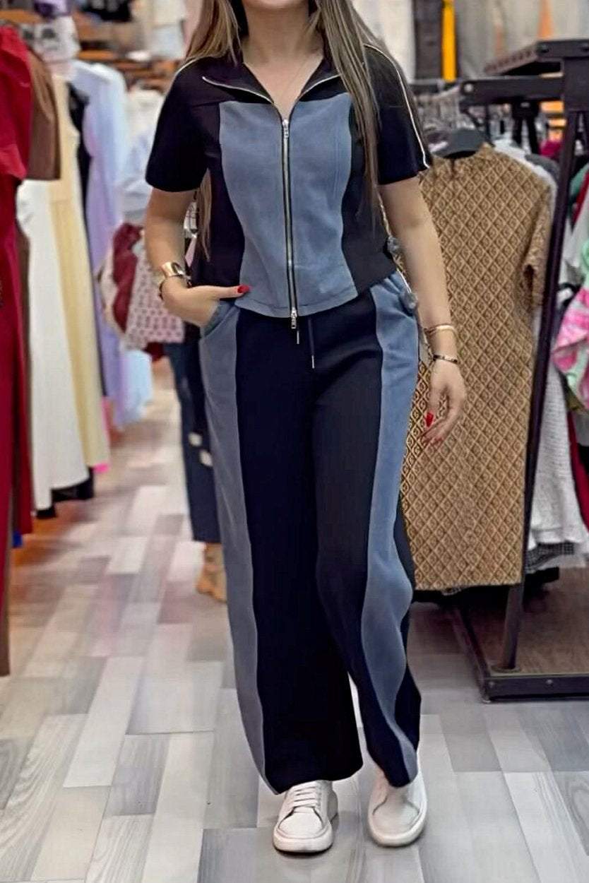 Women's Fashionable Denim Patchwork Zipper Top and Pants Two-piece Set Set