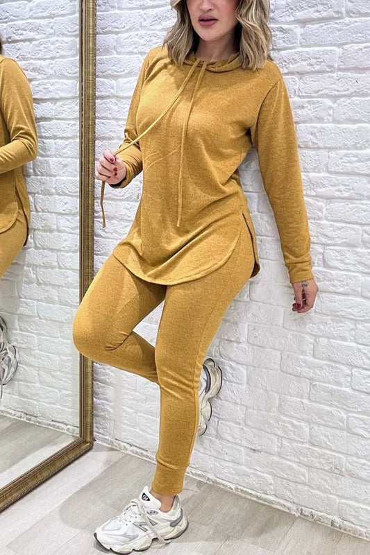 Women's casual sports slit hooded knitted suit Set Two-Piece Set