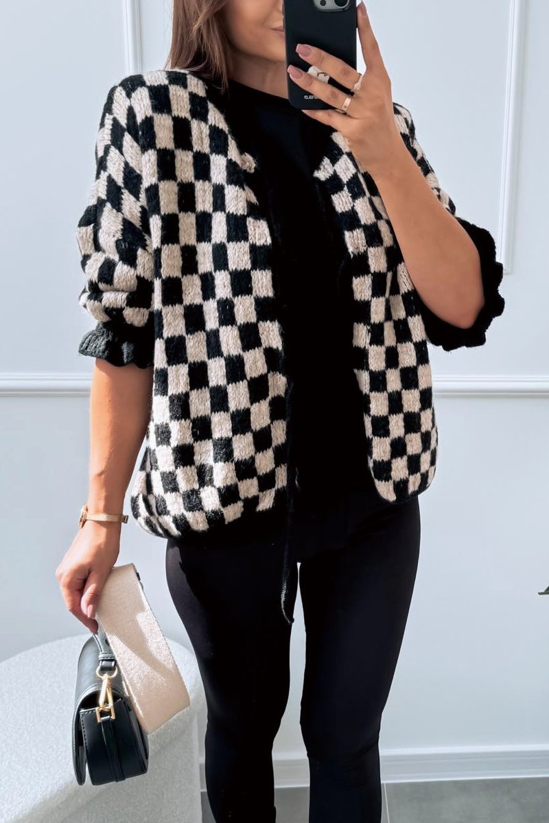 Women's Check Lace-Up Knit Cardigan Cardigans Sweaters Tops