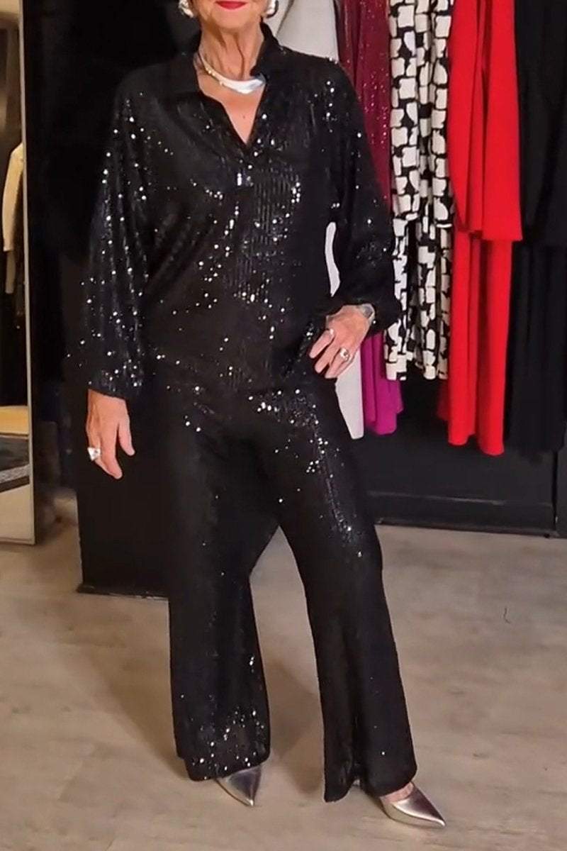 Women's Spring and Fall V-neck Top and Pants Sequined Suit Sets Two piece sets