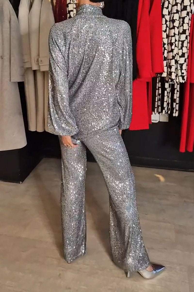 Women's Spring and Fall V-neck Top and Pants Sequined Suit Sets Two piece sets