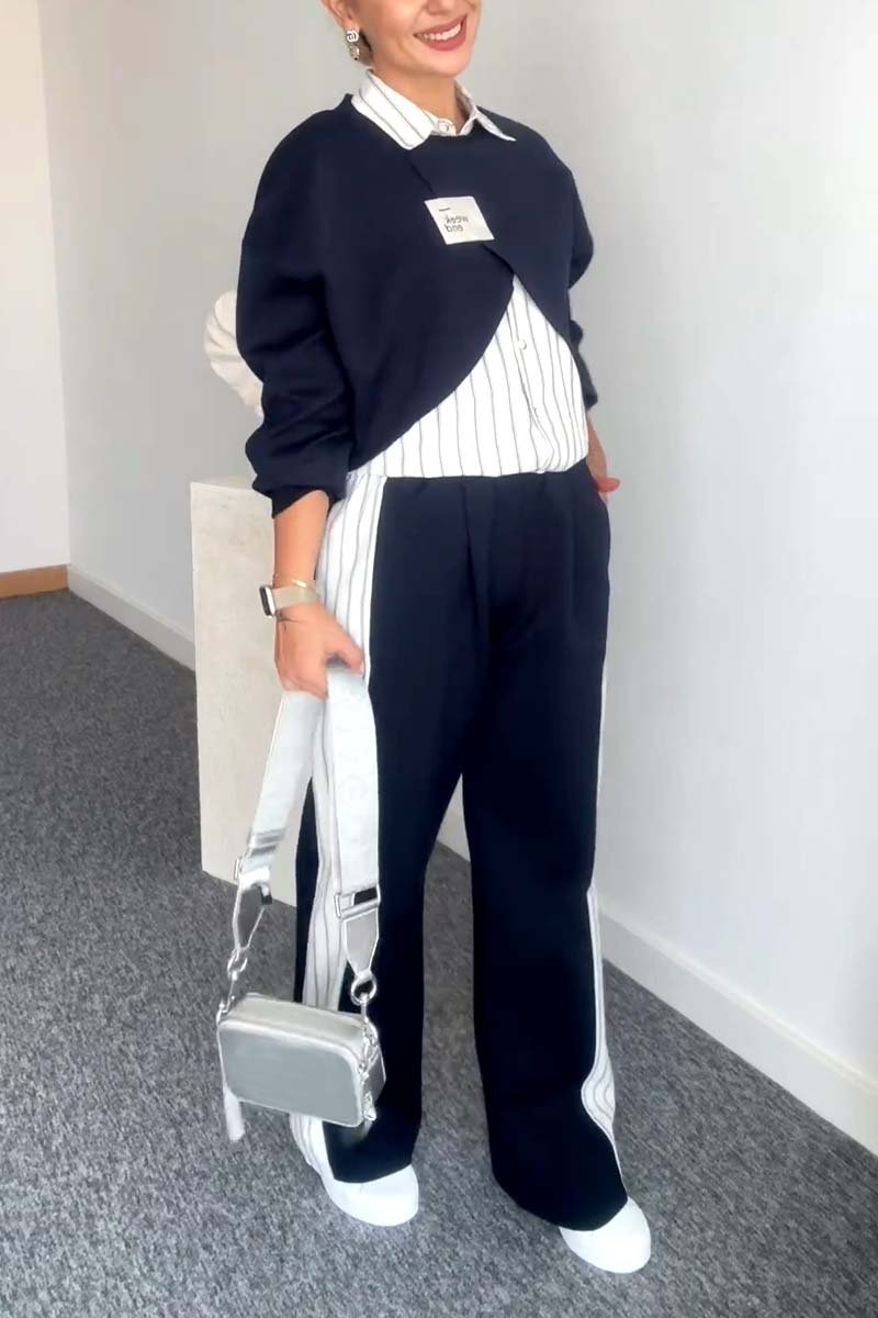 Women's striped shirt, short sweatshirt two-piece top and wide-leg pants three-piece set Set Three-piece set