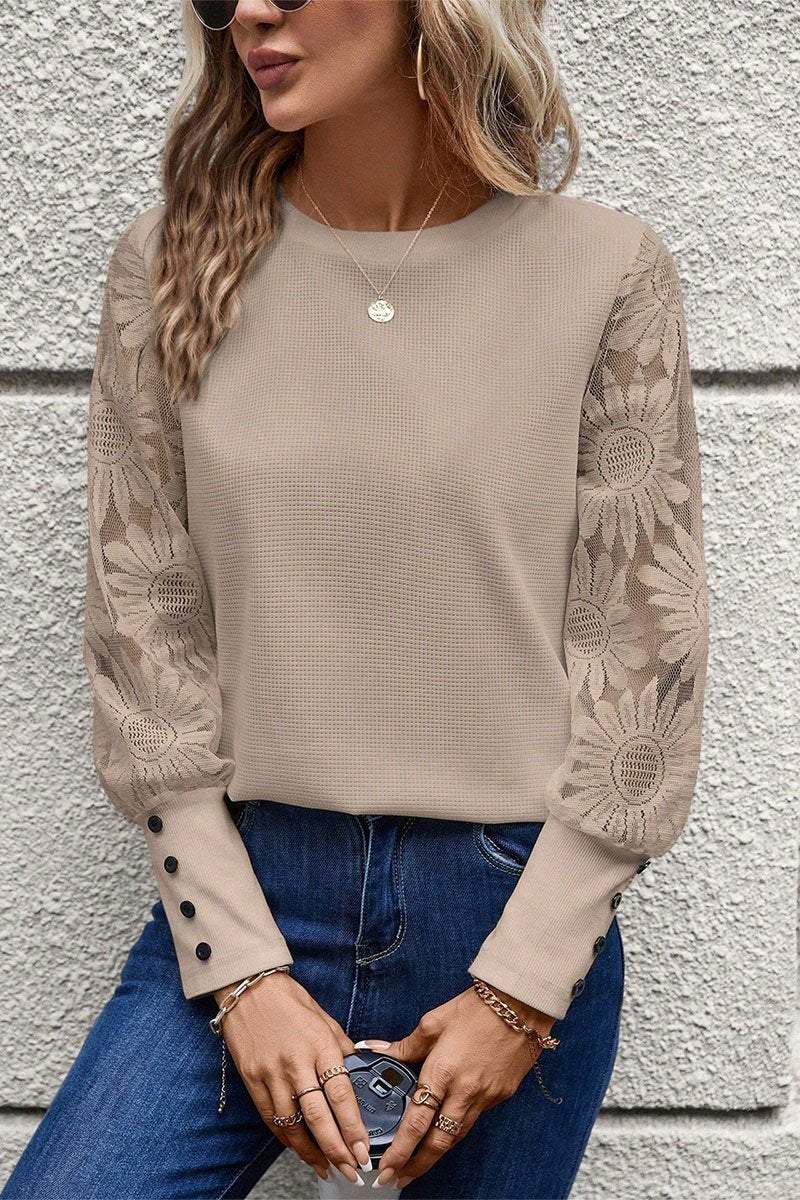 Women's Round Neck Knitted Lace Sleeve Patchwork Top sweater Top