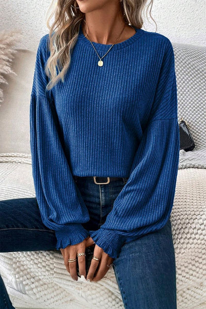 Women's Casual Solid Color Pit Strip Lantern Sleeve Top sweatshirts Top