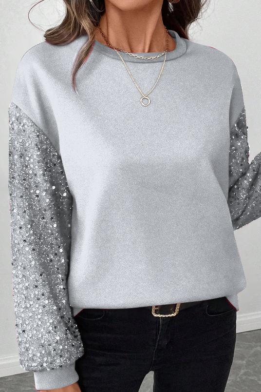 Ladies Casual Sleeve Sequin Patchwork Sweatshirt sweatshirts Top