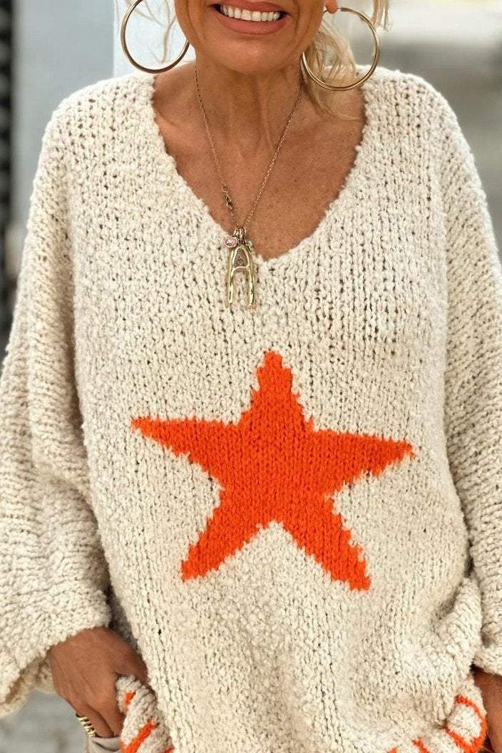 Women's Casual V-neck Star Pattern Sweater T-shirts Top