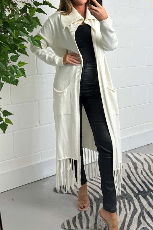 Women's Cream Long Tassel Bottom Collared Cardigan Cardigans Tops