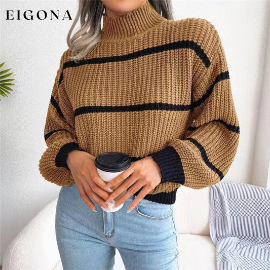 Women's Fashion Casual Striped Balloon Sleeve Turtleneck Sweater Khaki FREESIZE clothes Sweater sweaters turtle neck sweaters turtleneck sweater