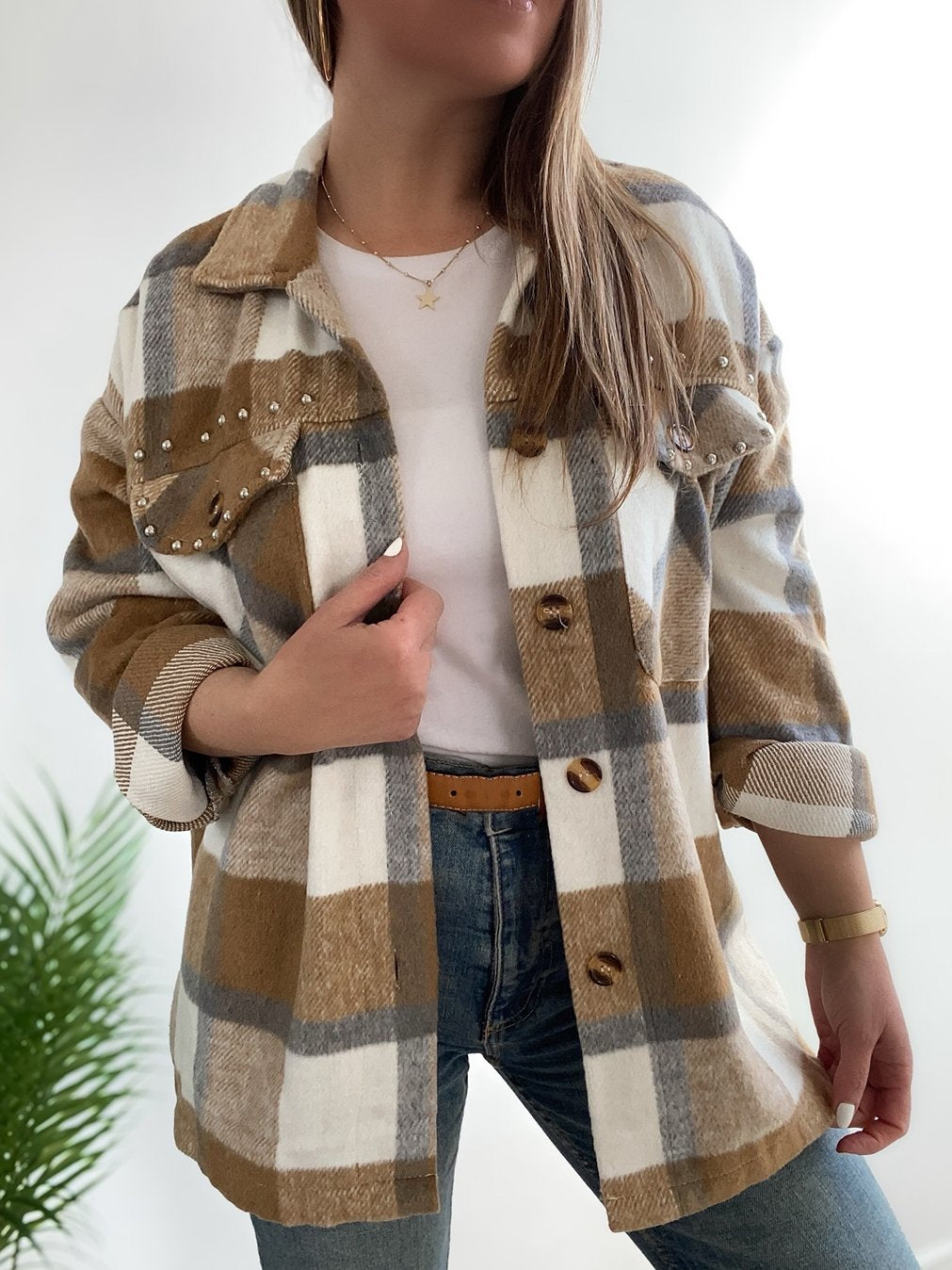 Women's Casual Beaded Plaid Jacket Jacket