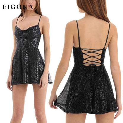 Sexy suspender sequin strappy dress Black backless dress clothes cut out dress dress dresses evening dress formal dress halter dress mini dress short dress short dresses short sleeve dress