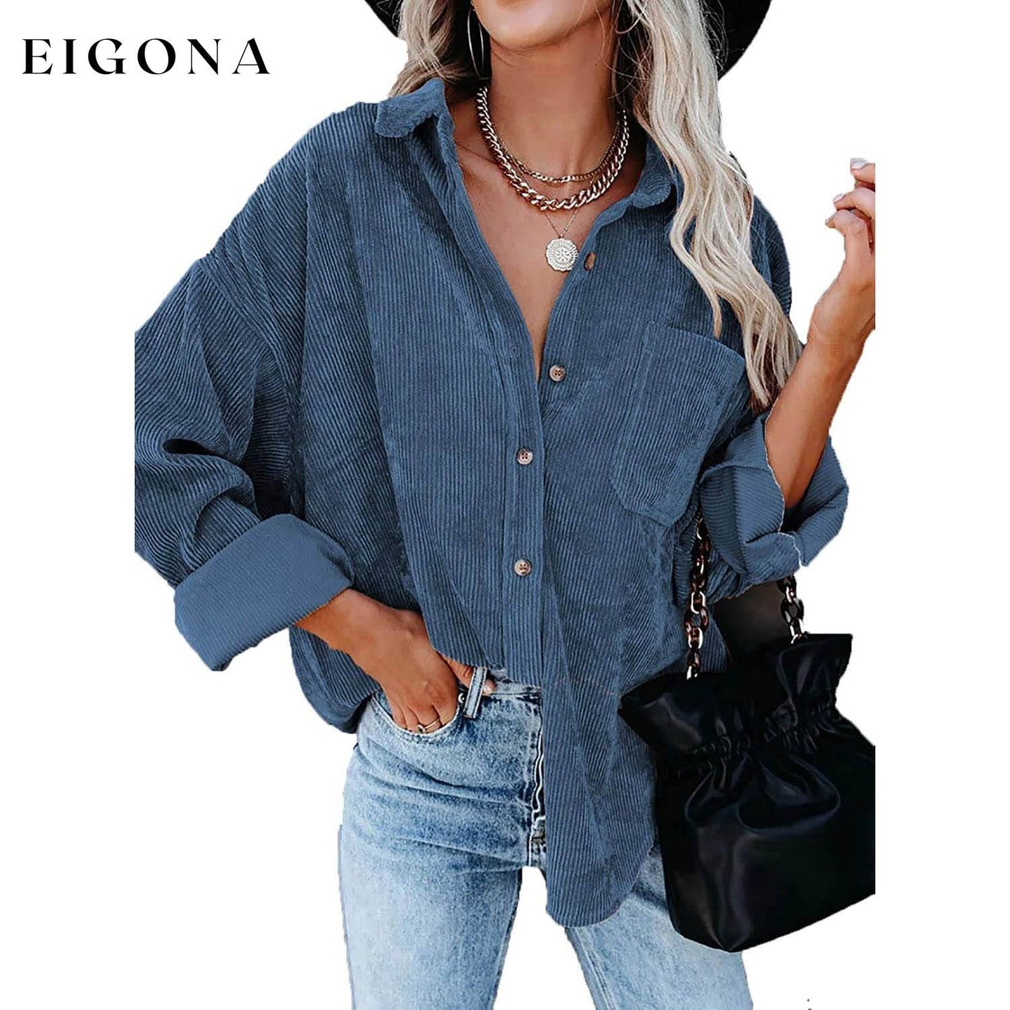 Sidefeel Women Corduroy Long Sleeve Button Down Shirt Oversized Jacket Tops Blue clothes refund_fee:1200 tops