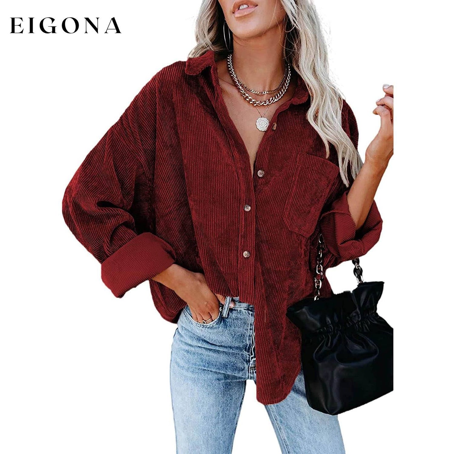 Sidefeel Women Corduroy Long Sleeve Button Down Shirt Oversized Jacket Tops Red clothes refund_fee:1200 tops