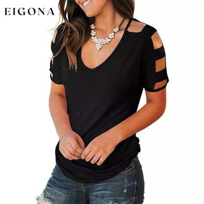 Women Short Sleeve Cut Out Cold Shoulder Tops Deep V Neck T Shirts __stock:200 clothes refund_fee:1200 tops