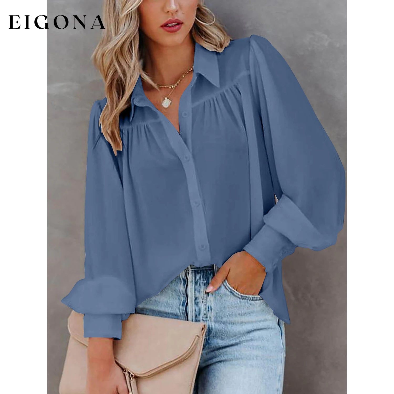 Womens Blouse Shirt Plain Button Long Sleeve Blue __stock:200 clothes refund_fee:1200 tops