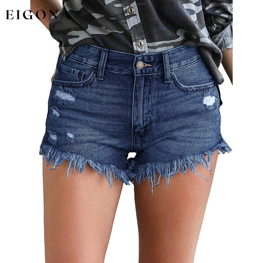 Women's Casual Denim Shorts Frayed Raw Hem Ripped Jeans Shorts Dark Blue __stock:200 bottoms refund_fee:1200