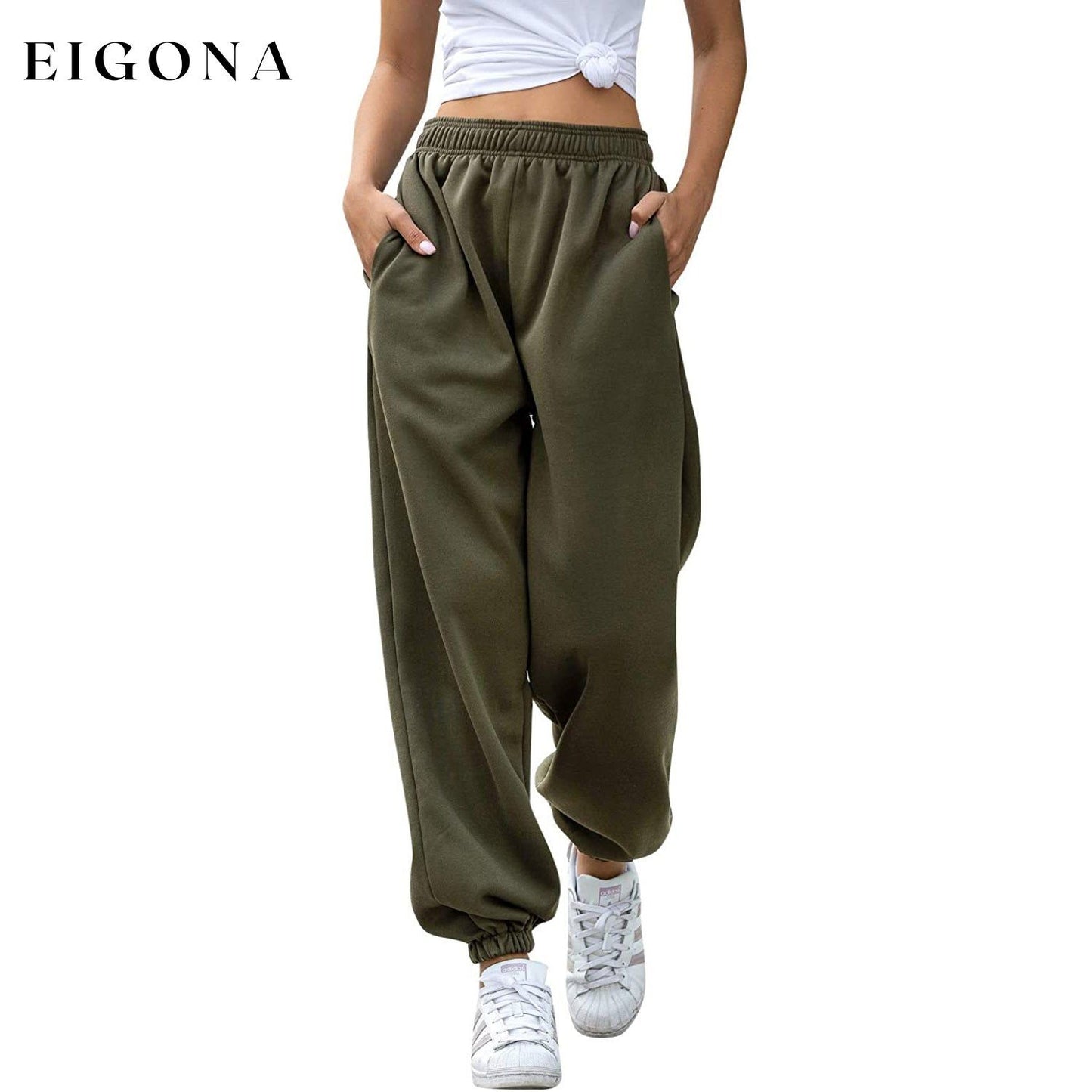 Women's Cinch Bottom Sweatpants Pockets High Waist Sporty Green __stock:200 bottoms refund_fee:1200