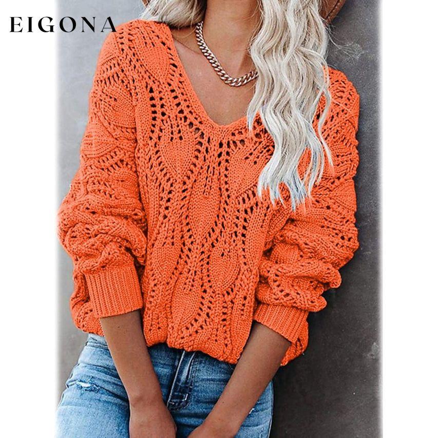 Women's Crochet Hollow Out Knitted V Neck Sweater Orange __stock:200 clothes refund_fee:1200 tops