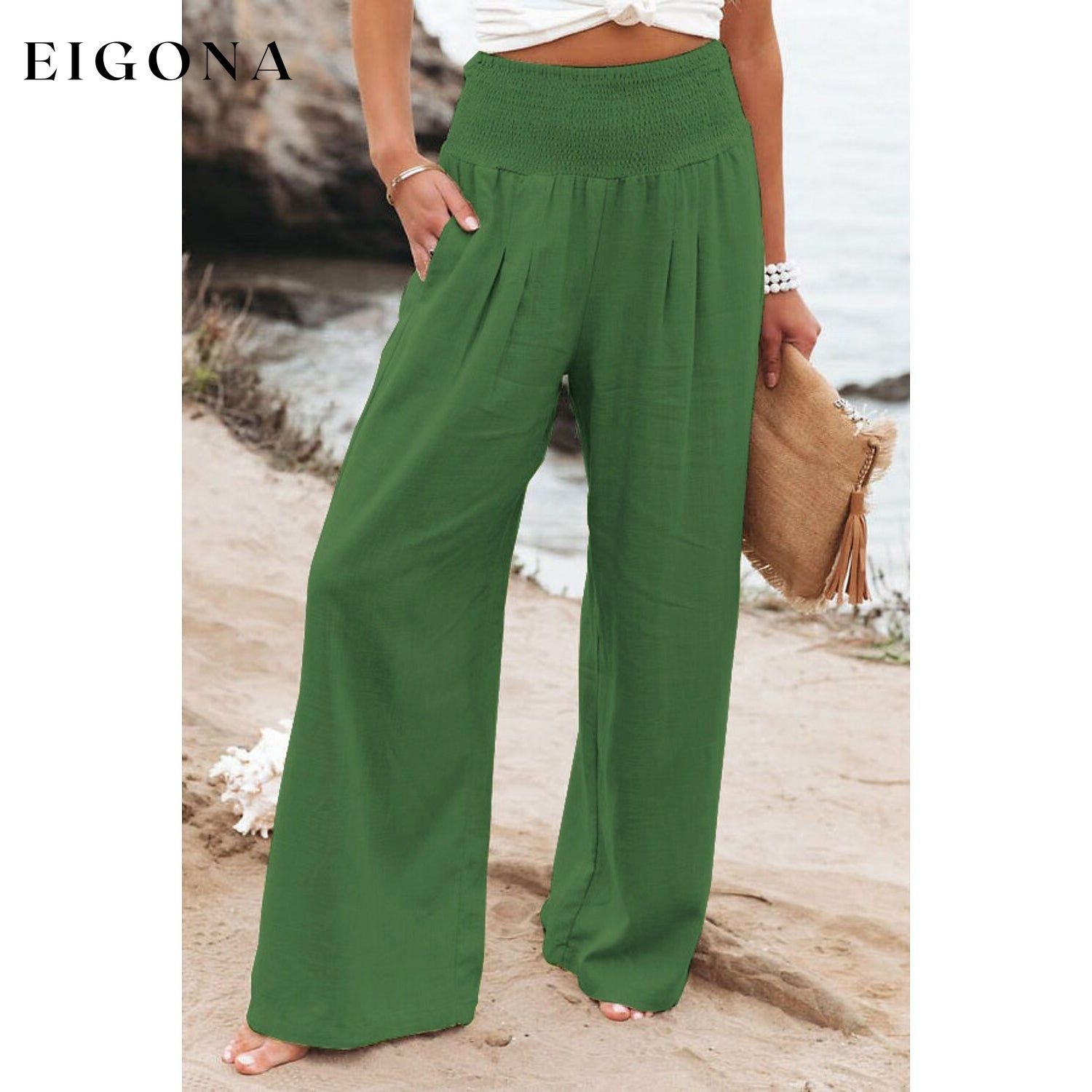 Women's High Waist Loose Wide Leg Pants Green __stock:200 bottoms refund_fee:1200