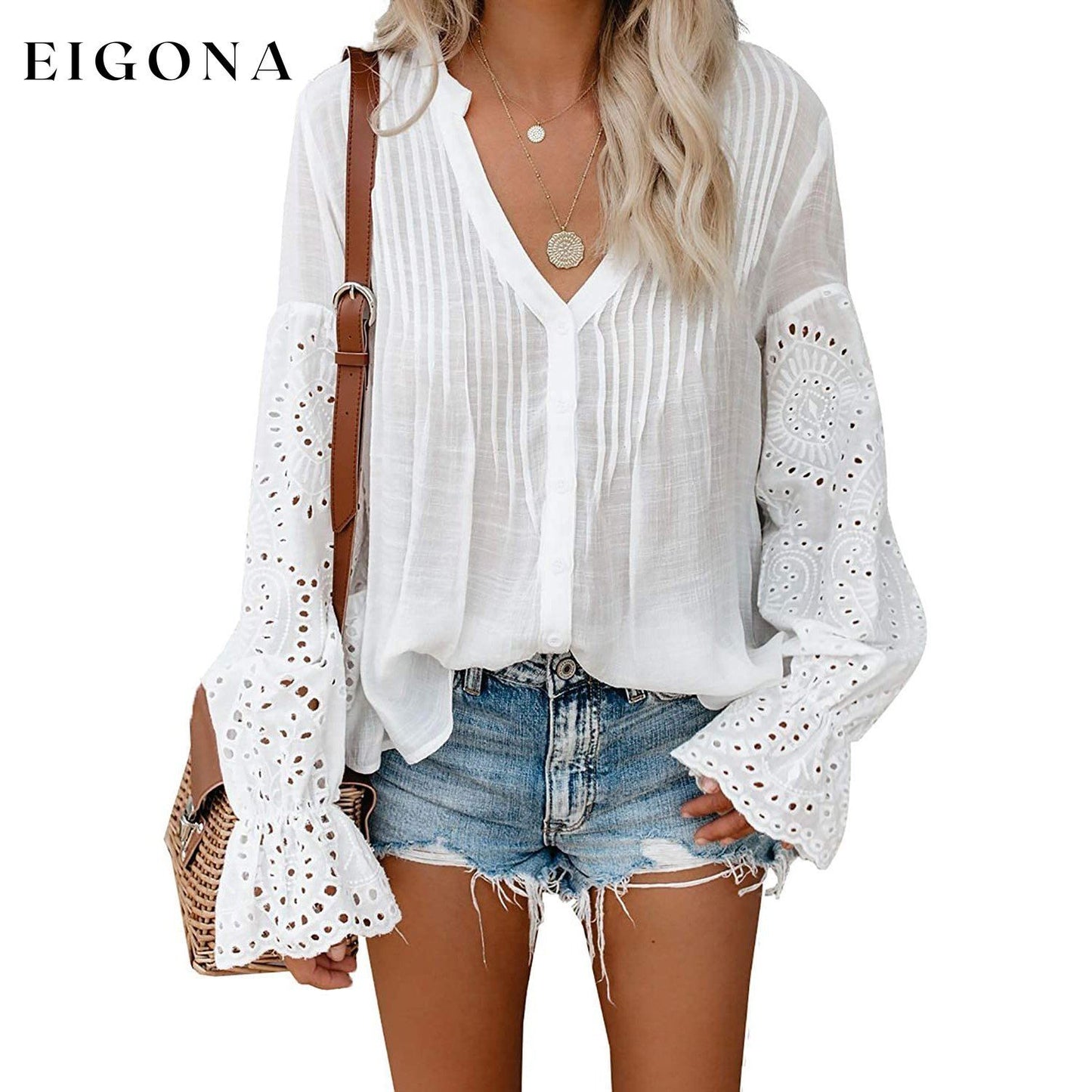 Women's Lace Crochet V-Neck Top White __stock:100 clothes refund_fee:1200 tops