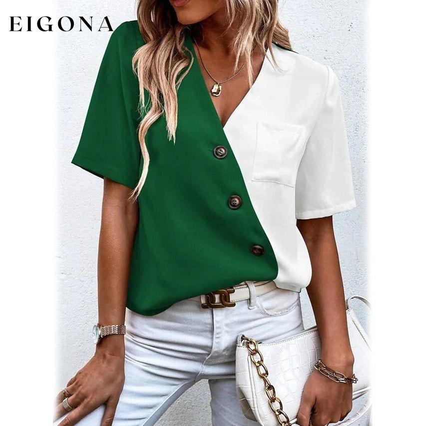 Women's Pocket Button V-Neck Short Sleeve Shirt Green __stock:200 clothes refund_fee:1200 tops