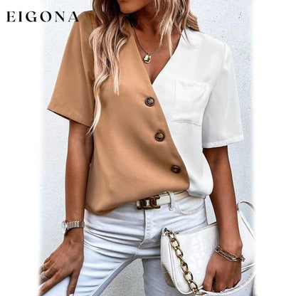 Women's Pocket Button V-Neck Short Sleeve Shirt Khaki __stock:200 clothes refund_fee:1200 tops