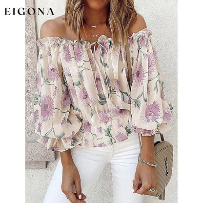Women's T-Shirt Floral Print Off Shoulder Top Puff Sleeves Beige __stock:200 clothes refund_fee:1200 tops