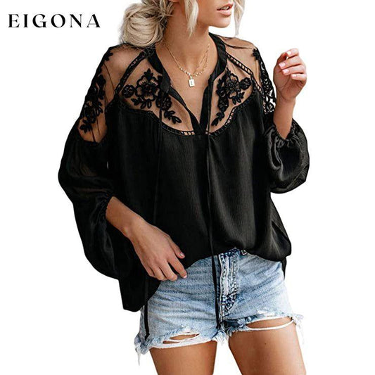 Women's V-Neck Crochet Lace Top Black __stock:200 clothes refund_fee:1200 tops