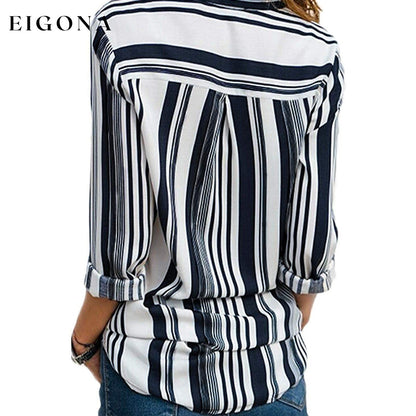 Womens V Neck Striped Roll up Sleeve Button Down Blouses Top __stock:200 clothes refund_fee:1200 tops