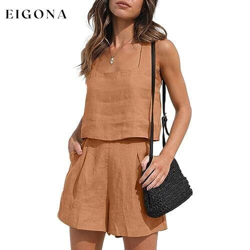 2-Piece Set: Women's Lounge Matching Sets Linen Shorts Crop Tops Light Brown __stock:200 clothes refund_fee:1200 tops