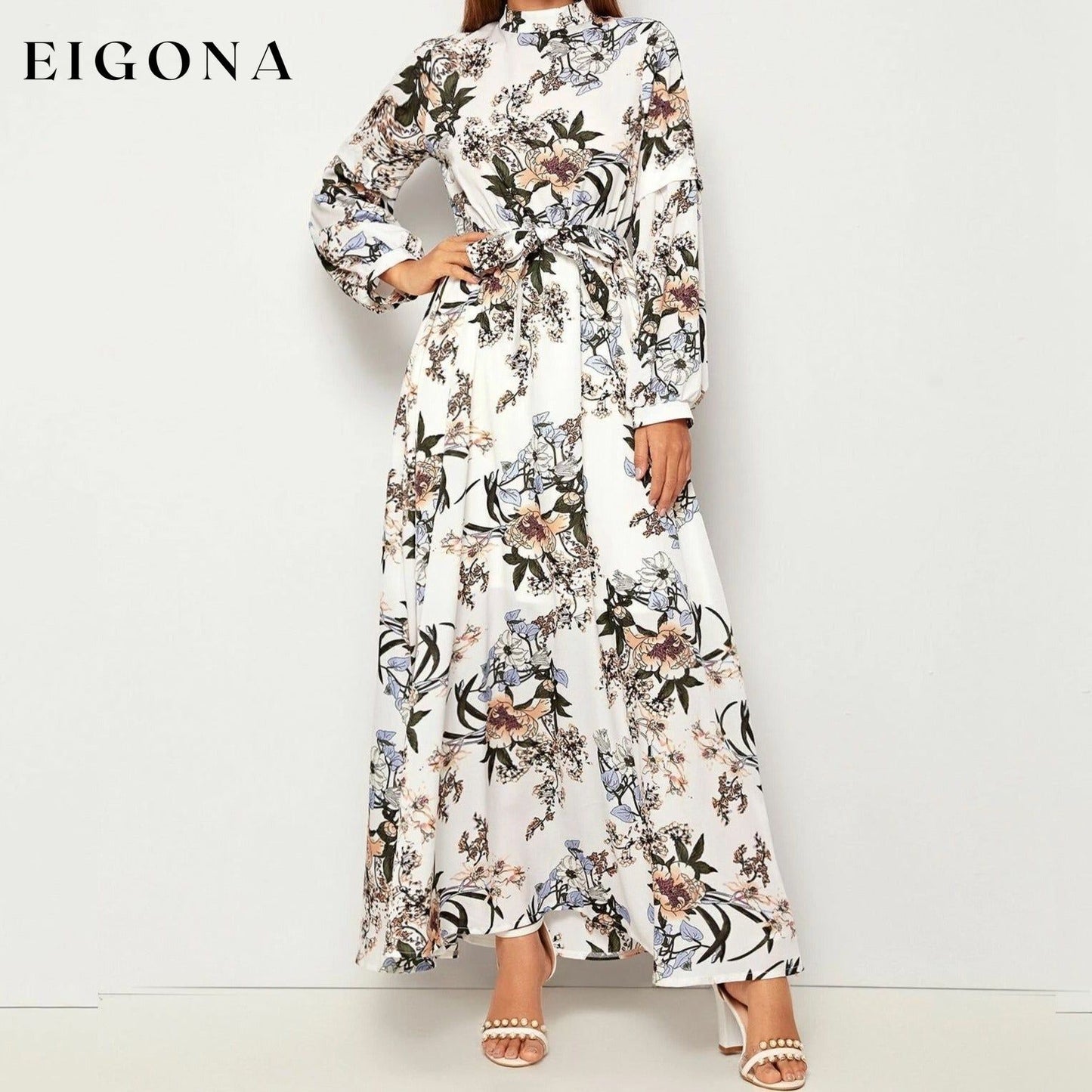 Allover Floral Print Self Tie Swing Maxi Dress __stock:200 casual dresses clothes dresses refund_fee:1200