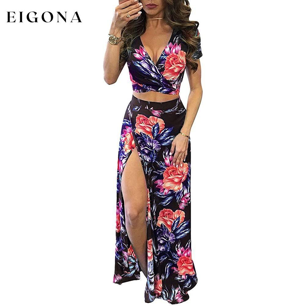 Women's Sexy V Neck Floral Printed Side Slit Two-Piece Maxi Dress Blue __stock:500 casual dresses clothes dresses Low stock refund_fee:1200