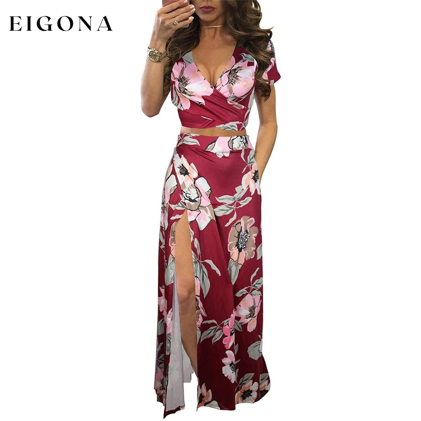 Women's Sexy V Neck Floral Printed Side Slit Two-Piece Maxi Dress Burgundy __stock:500 casual dresses clothes dresses Low stock refund_fee:1200