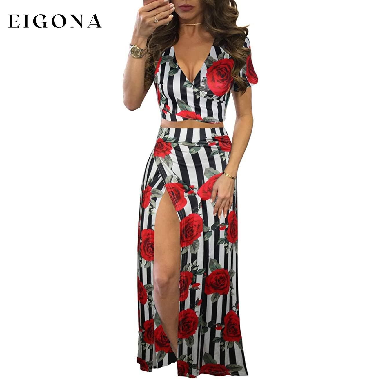 Women's Sexy V Neck Floral Printed Side Slit Two-Piece Maxi Dress Stripe __stock:500 casual dresses clothes dresses Low stock refund_fee:1200