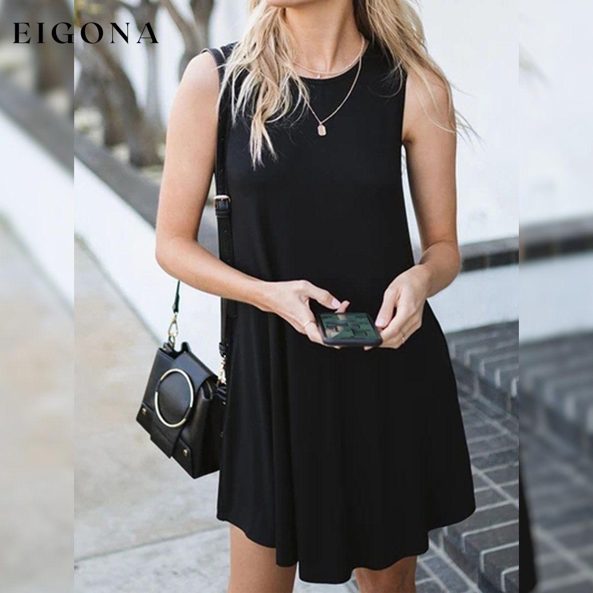 Back Round Neck Single-Breasted Sleeveless Solid Color Dress Black __stock:500 casual dresses clothes dresses refund_fee:800