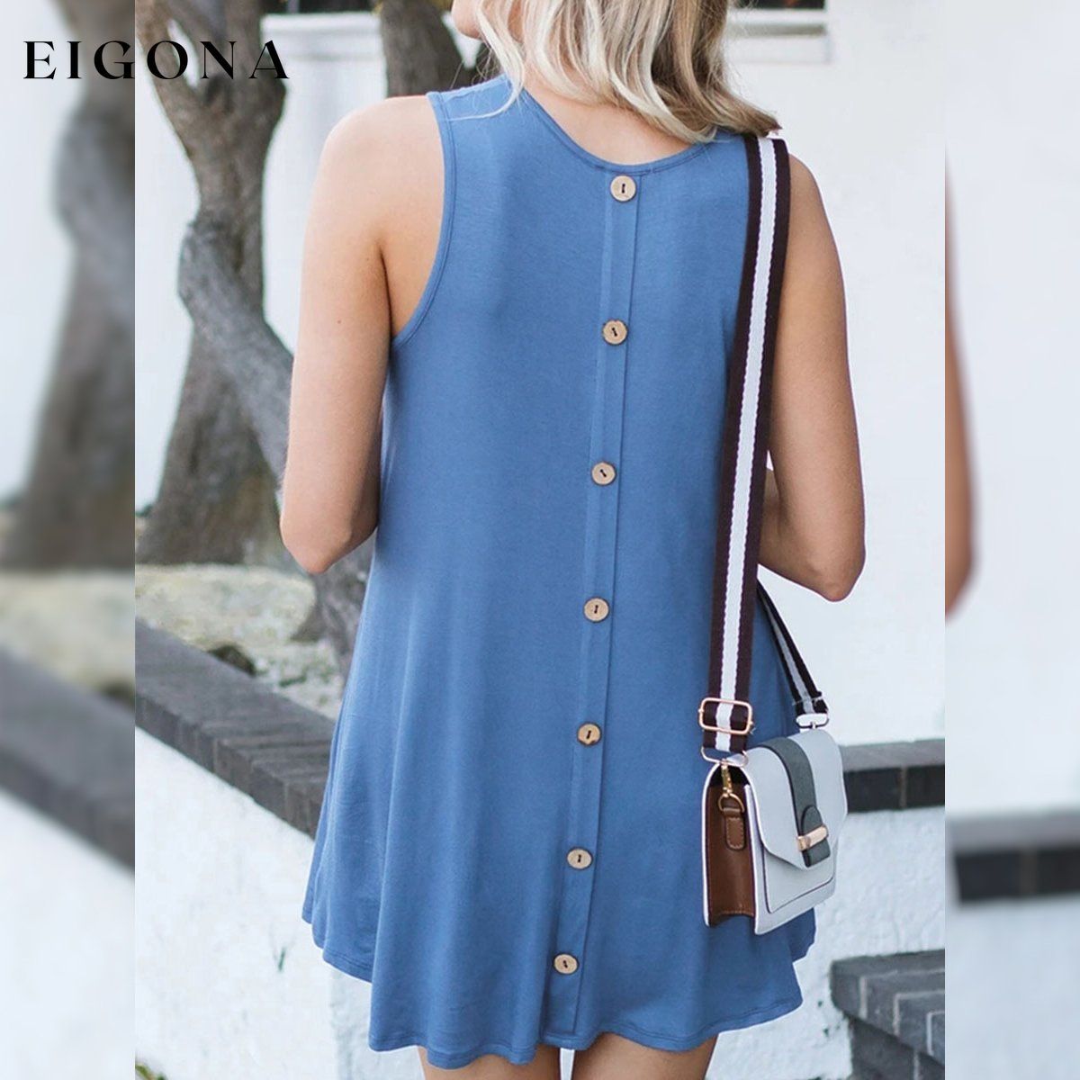 Back Round Neck Single-Breasted Sleeveless Solid Color Dress __stock:500 casual dresses clothes dresses refund_fee:800