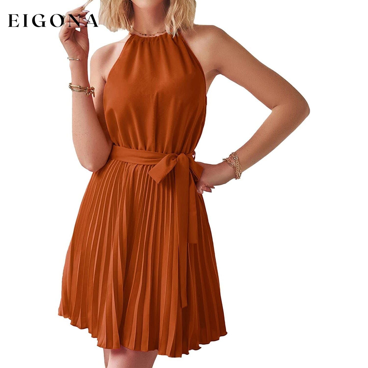 Casual Halter Neck A-Line Dress Sleeveless Belted Swing Pleated Cocktail Party Beach Mini Dresses Brown __stock:200 casual dresses clothes dresses refund_fee:1200