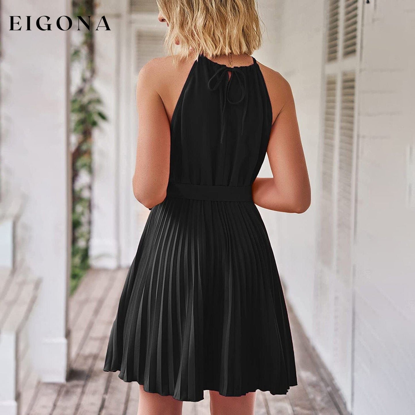 Casual Halter Neck A-Line Dress Sleeveless Belted Swing Pleated Cocktail Party Beach Mini Dresses __stock:200 casual dresses clothes dresses refund_fee:1200