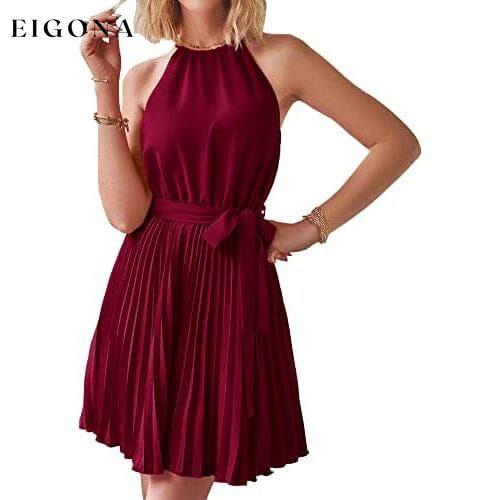 Casual Halter Neck A-Line Dress Sleeveless Belted Swing Pleated Cocktail Party Beach Mini Dresses Wine __stock:200 casual dresses clothes dresses refund_fee:1200